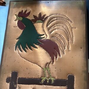 Vintage… Punched copper, rooster over wood… 12×9 inches